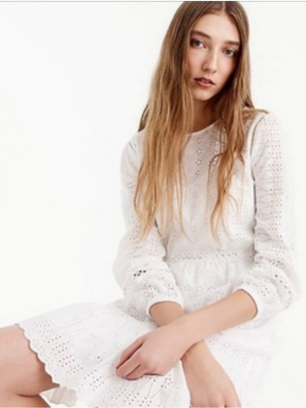 J. Crew Bracelet Sleeve Eyelet Dress Crewneck Cotton Slip 8 EUC White